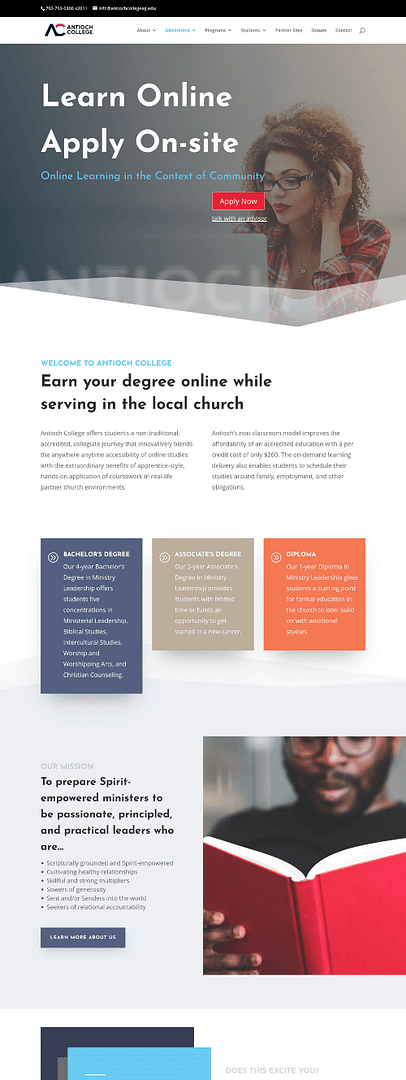 Antioch College revitalized website home page