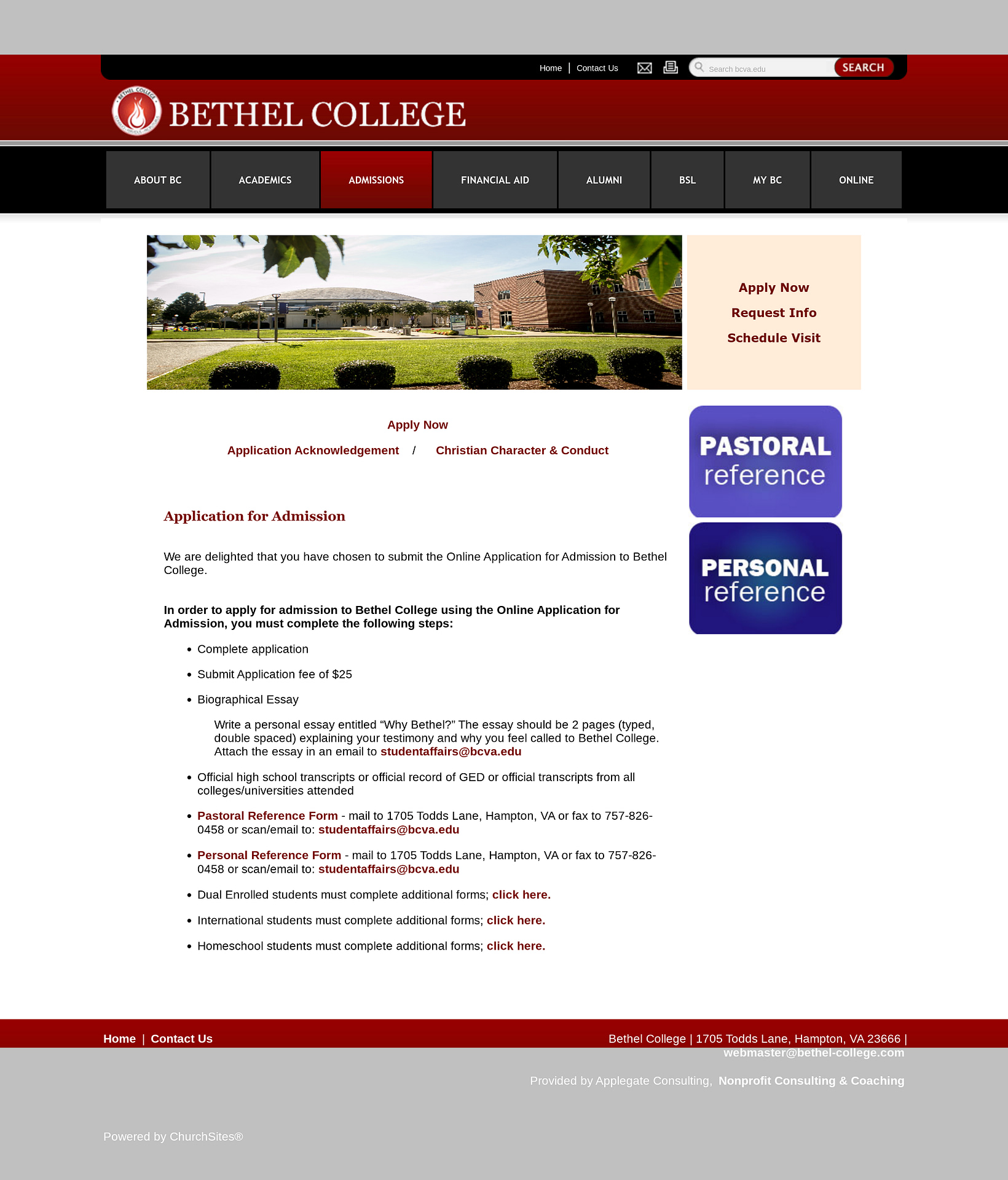 Before Admissions page for Antioch College as Bethel College