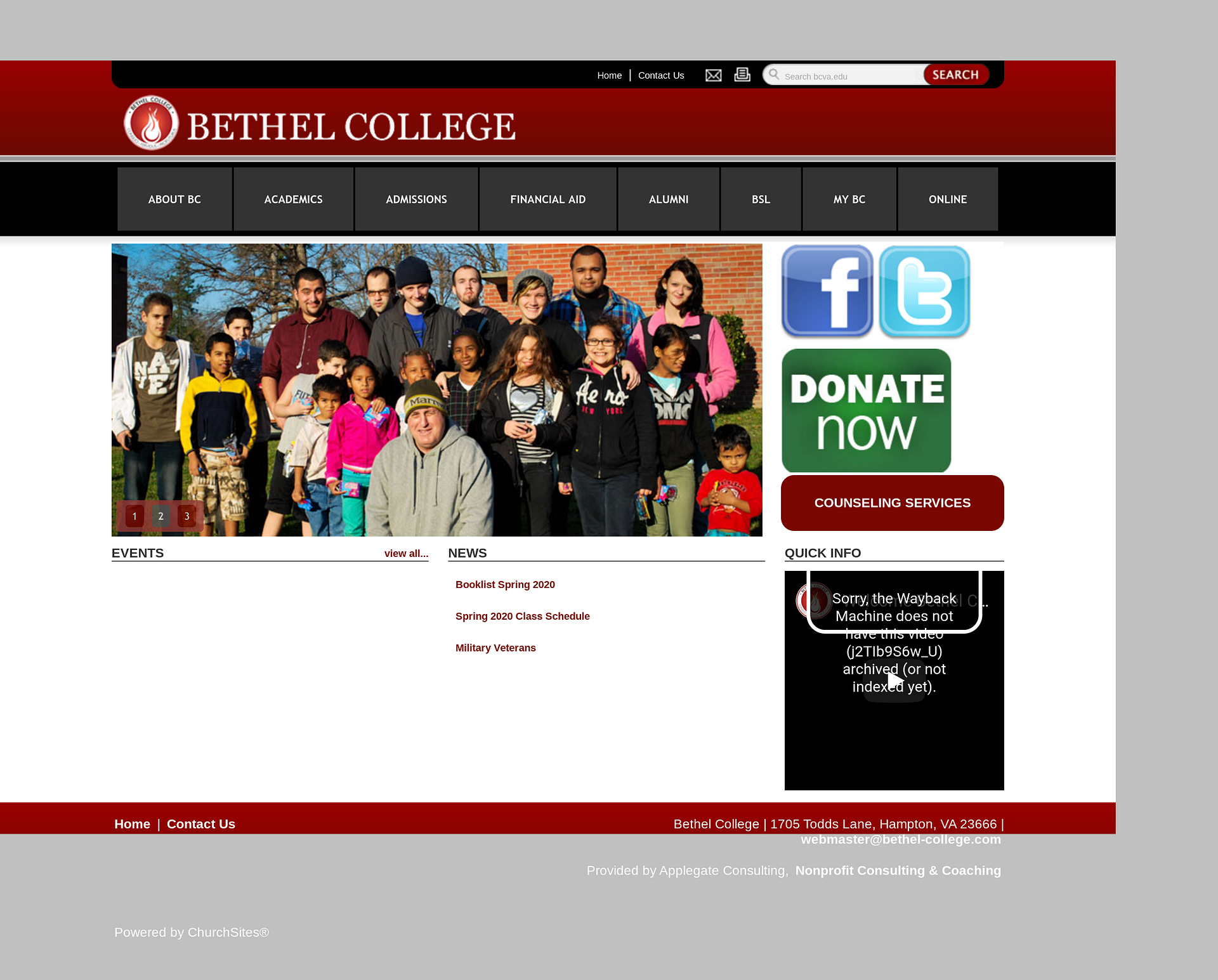 Antioch College's prior home page as Bethel College